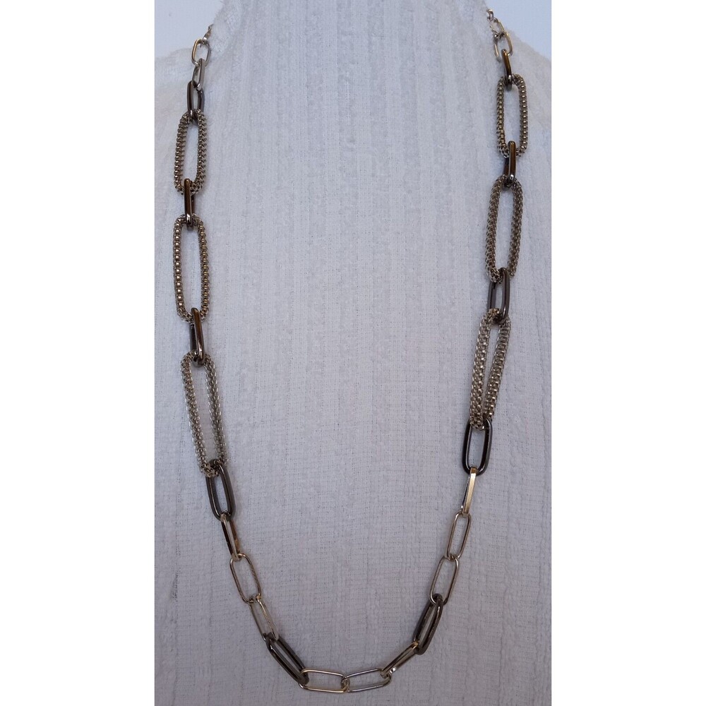RJ Graziano Signed Mixed Mesh Silvertone Black Rhodium Chain Necklace Long 34"